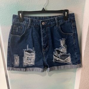 SHEIN High Rise Blue Distressed Shorts